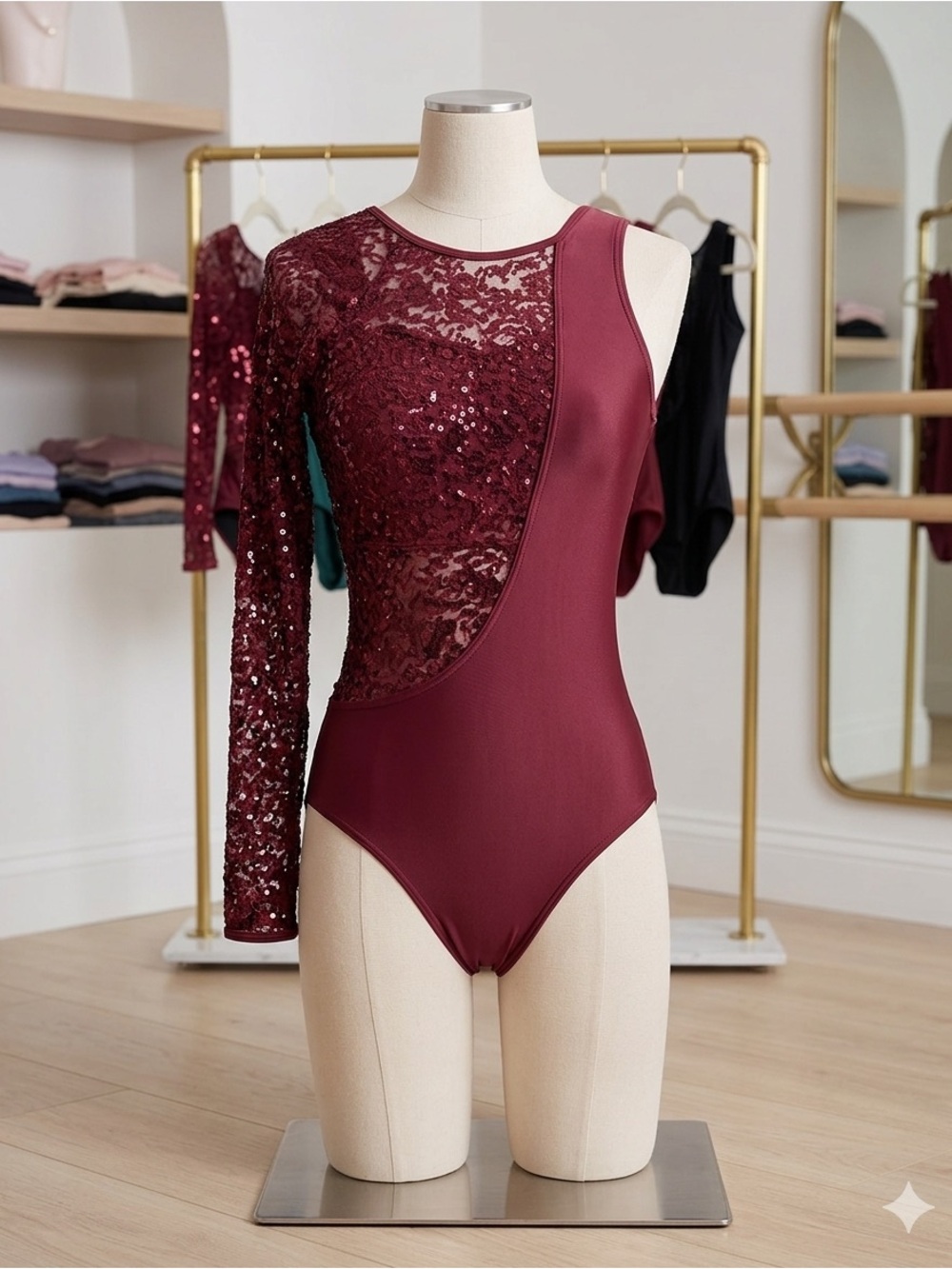 Balera Burgundy One-Shoulder Sequin Dance Leotard – Adult Medium